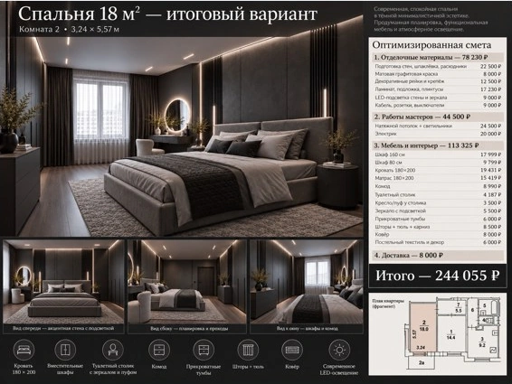 Лист «Спальня 18 м² — итоговый вариант»: смета 244 055 ₽